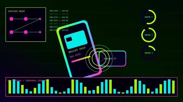 A digital contactless payment display features animated financial data graphs on a dark background showing transaction flow and user interface elements in a professional digital graphic
