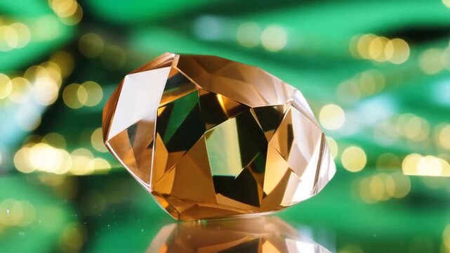 Faceted diamond crystal resting on reflective surface against green glowing bokeh background