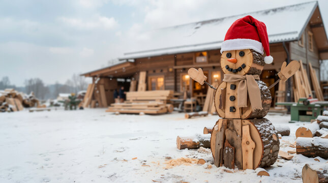 Creative wooden snowman made of logs at a sawmill in winter. Rustic Christmas decoration with Santa hat and scarf in a lumber yard. Winter holiday concept with copy space