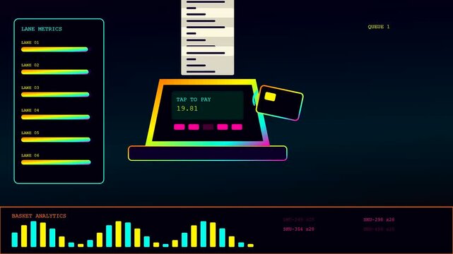 A contactless payment point of sale terminal displaying transaction metrics and consumer basket analytics on a digital interface during a live data processing monitoring sequence