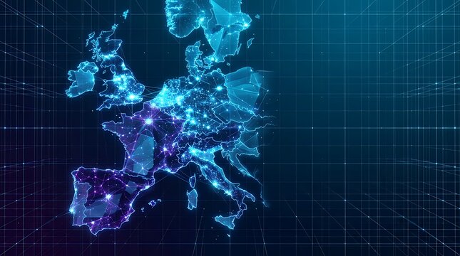 A futuristic and abstract representation of the Western Europe continent set against a guided grid background with a glowing technological aesthetic. Perfect for global tech and data concepts.