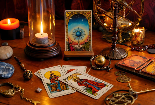 Tarot card reading for fortune telling and spiritual guidance, mystical divination with candles and occult objects on a wooden table