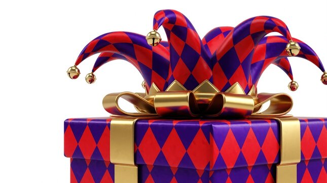 Colorful jester hat with gold bells sits on top of festive gift box. Purple, red diamond pattern box with large golden bow. Fun carnival party decoration concept for birthday, holiday celebration