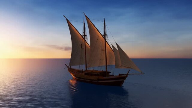 Traditional sailing ship floating on calm ocean at sunset with tall canvas sails