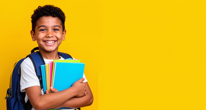 Happy smiling 10 year-old mixed race boy with backpack and books ready to go to school isolated on yellow background with copy spcae
