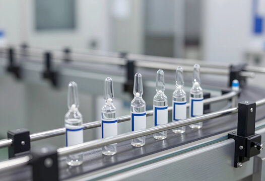 Pharmaceutical production and vaccine manufacturing, medical ampoules on a conveyor belt in a sterile laboratory environment