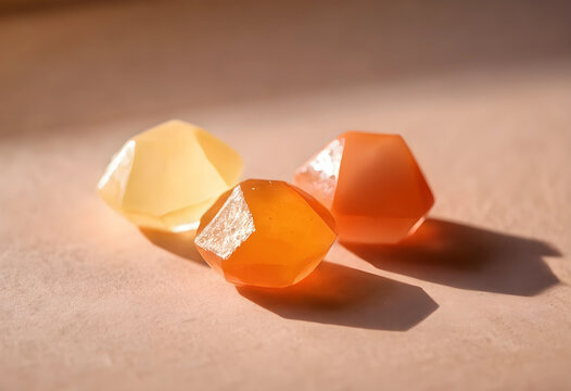 Natural healing and wellness concept, three faceted carnelian and citrine gemstones with sunlight and shadows