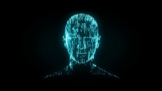Digital Human Face Formed from Glowing Binary Code Against Black Background