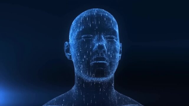 Digital human face made of glowing code against a dark blue background