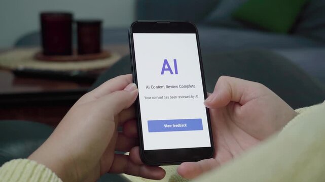 User reads an AI content review complete notice on a clean white interface and hovers over the blue View feedback button.