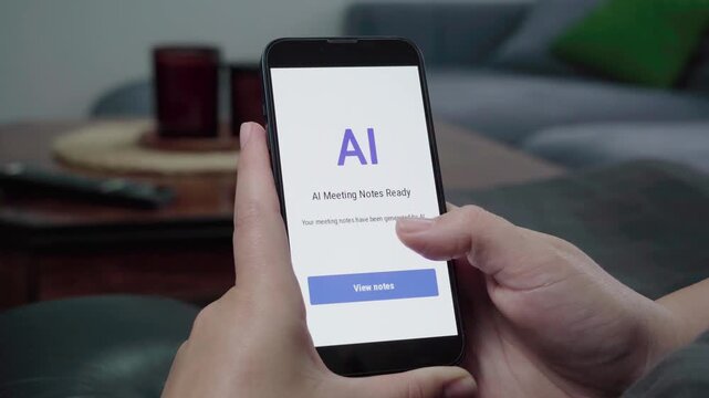 Person holds a phone showing an AI Meeting Notes Ready screen with a blue View notes action in a relaxed home environment.
