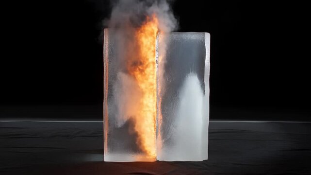 Fire burning between two ice blocks on a dark surface with thick white smoke