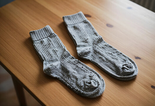 Worn out socks with lint and holes of poverty old clothes and need for replacement