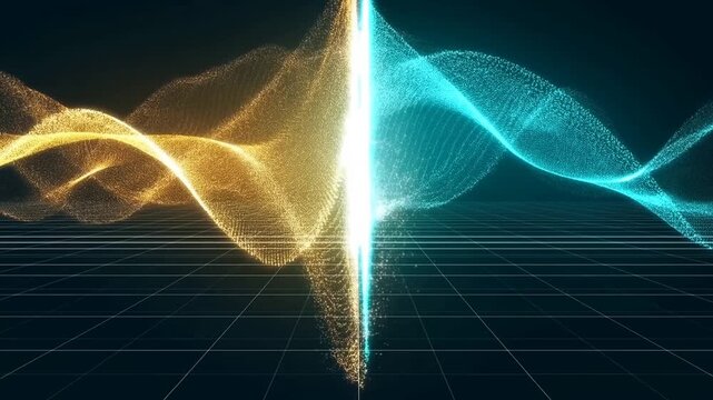 Abstract Gold and Cyan Particle Waves Forming a Split Digital Grid Background