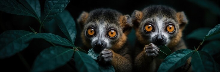 Naklejka premium Two cute baby lemurs eat green leaves in tropical jungle. Small Madagascar primates with big orange eyes sit on tree branch. Adorable wildlife animals feed on forest vegetation in dark rainforest