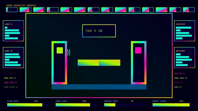 Digital gate systems with contactless payment status displays show terminal metrics and flow rates on a dark screen with vibrant glowing neon light bar accents
