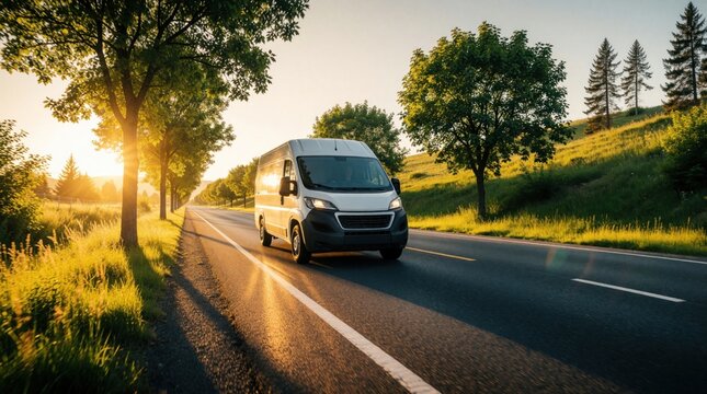 White delivery van travels down a sunlit road lined with trees. Golden hour light casts long shadows creating a scenic route. The van moves along the asphalt highway through a green landscape.