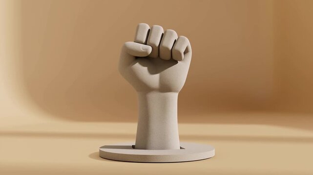 Raised clenched fist sculpture on round pedestal in warm minimalist studio setting