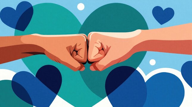 Two hands perform fist bump gesture against colorful hearts background. Best friends celebrate friendship, unity with solidarity. Concept of togetherness, love, support in human relationships using