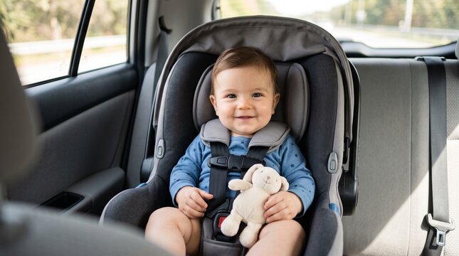 Portrait of happy baby boy with plush bunny sitting in child car seat