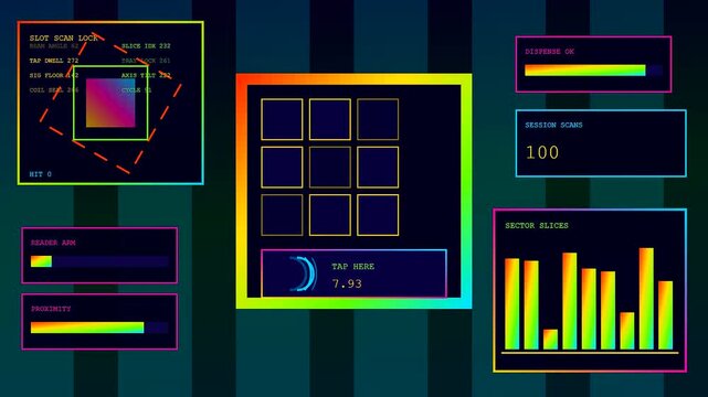 Neon digital display showing a contactless payment interface with grid patterns and bar charts for data visualization in a futuristic interface design for modern commerce systems