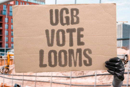 "UGB vote looms" Council decides boundary fate next week. UGB. VOTE. COUNCIL. BOUNDARY. DECIDE.