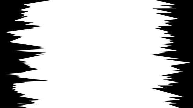 Bold black and white manga background with a large irregular white central space surrounded by sharp jagged edges, creating a dramatic comic panel effect.