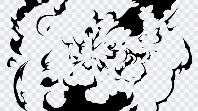 Dynamic black and white manga splash effect with sharp ink shapes, explosive motion, scattered fragments, and dramatic flowing contours on a transparent background.