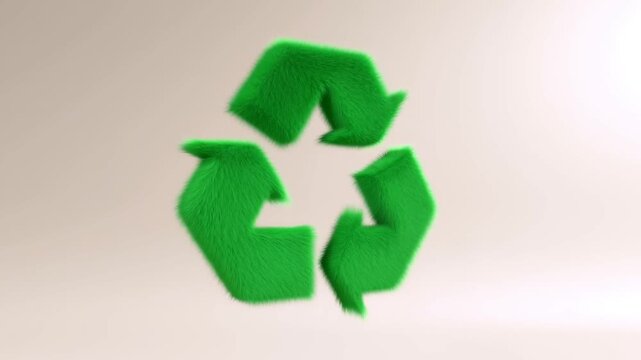 Green furry recycling symbol on beige background representing sustainable living