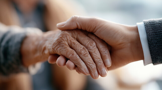 Close up of young hand holding senior person wrinkled hand - elderly care concept