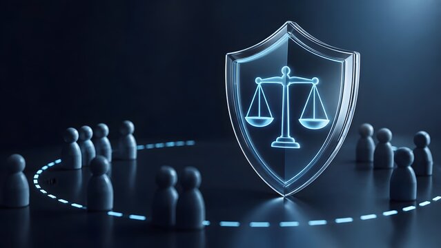 Legal defense concept with glowing justice scales shield protecting wooden figures representing civil rights and public law
