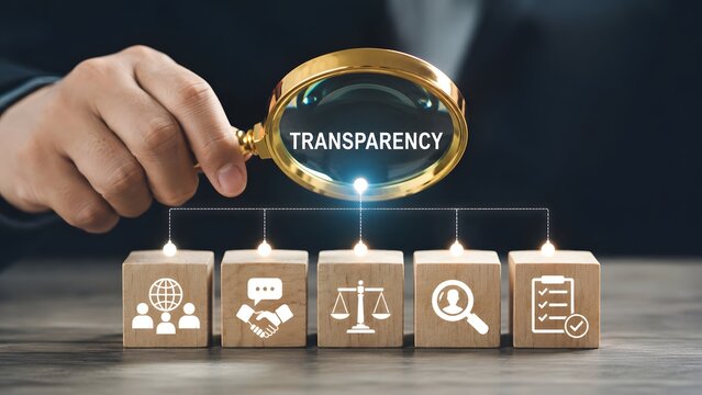 Business transparency auditing concept with hand holding magnifying glass over wooden blocks featuring corporate governance icons