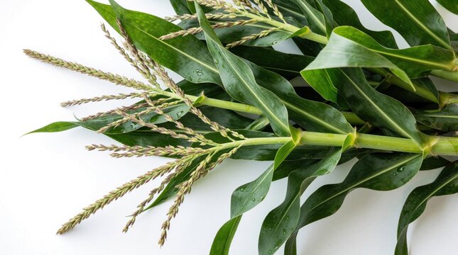 Green maize plant stalks with leaves and tassels isolated on white. Healthy corn stems show growth and detail. Fresh vegetation with water droplets, ready for harvest or study.
