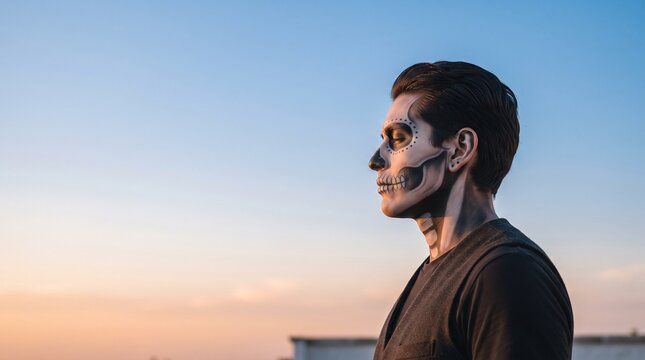Retrato de perfil con maquillaje de calavera al atardecer, cielo degradado azul y naranja de fondo