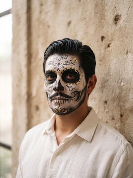 Persona con maquillaje de calavera estilo D&iacute;a de Muertos y bigote pintado, retrato frente a pared de textura r&uacute;stica