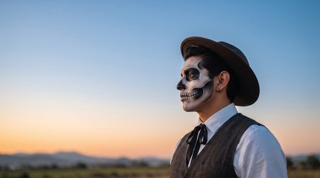 Retrato de perfil con maquillaje de calavera al atardecer, cielo degradado azul y naranja de fondo