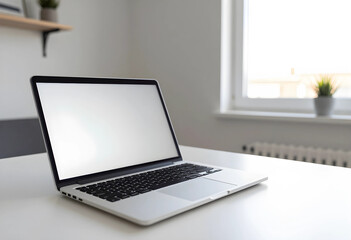 Fototapeta premium Remote work and digital lifestyle, modern laptop with blank screen on a clean white desk in a bright home office