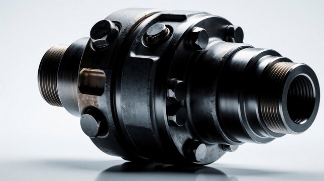 Close up of heavy duty industrial mechanical coupling joint. Steel metal connector with bolts, flanges for machinery power transmission. Precision engineering component used in automotive robotic