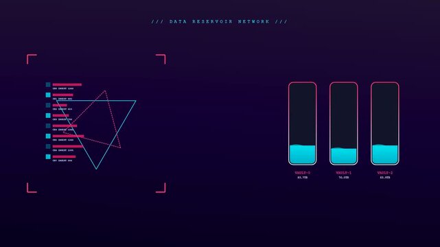 A digital data pipeline shows fluctuating levels in glowing containers within a dark interface with geometric neon shapes moving rhythmically across the screen panel view