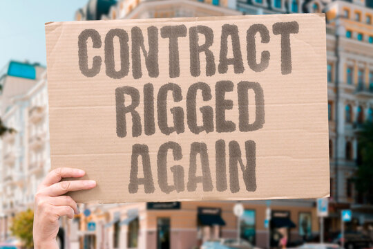 "Contract rigged again" The bid winner is the mayor's nephew. RIG. BID. NEPHEW. FRAUD. DEAL.