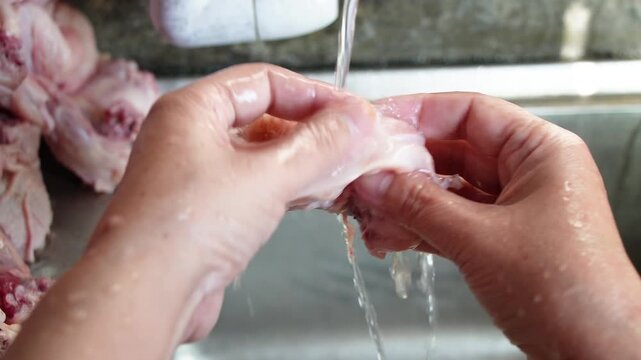 Close-up of hands rinsing raw chicken pieces under running water in a kitchen sink. Clean food preparation process with focus on hygiene and freshness, elegantly showcasing cleaning.