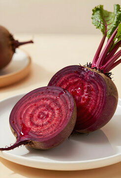 Healthy eating and fresh produce, sliced red beet with green leaves and water drops on a white plate, organic vegetable