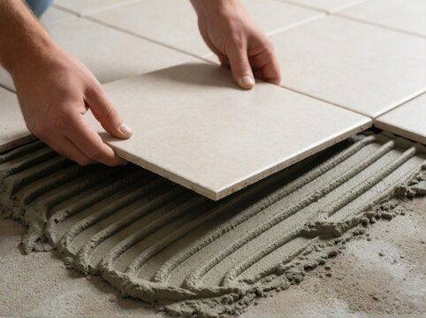 A close-up view of hands carefully laying a beige ceramic tile over wet adhesive mortar on a floor.