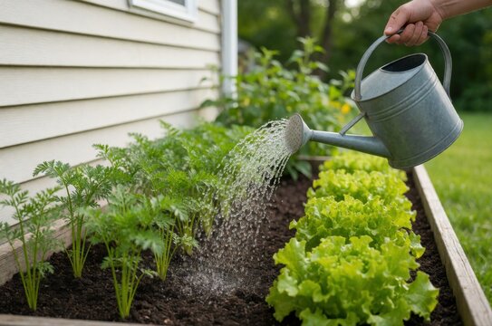 A person waters a vibrant raised vegetable garden bed featuring rows of young carrots and fresh lettuce.