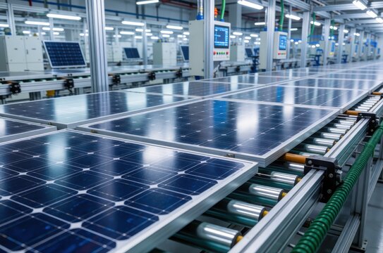 An automated assembly line in a factory is processing multiple new solar panels on rollers.