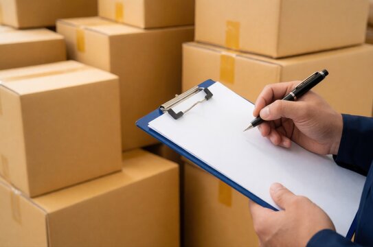 A warehouse worker holding a clipboard and pen to check inventory against many stacked boxes.