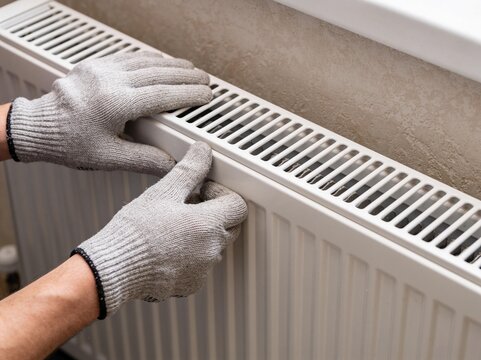 Close-up of a person wearing work gloves installing or inspecting a white residential wall heater.