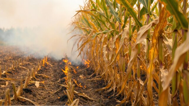 A field of dry corn plants is burning, with flames and smoke visible amongst the harvested stalks.