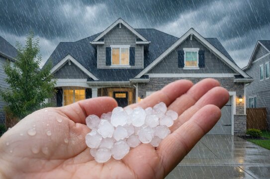A close-up of a person's hand holding hailstones during a stormy day outside a residential house.