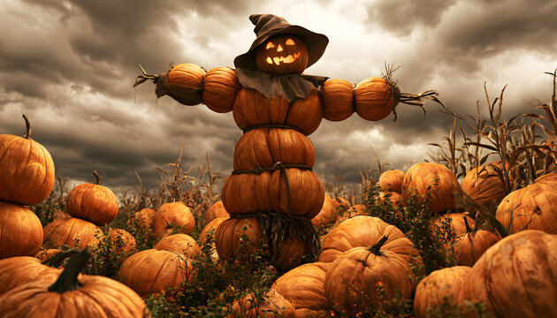 a photorealistic, highly detailed scarecrow made of pumpkins is highly effective in scaring